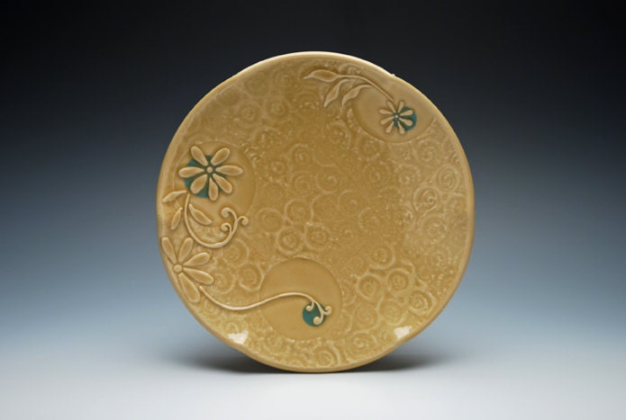 Medium handmade plate, Serving, Victorian modern floral in Honeycomb yellow w. Sky blue dots