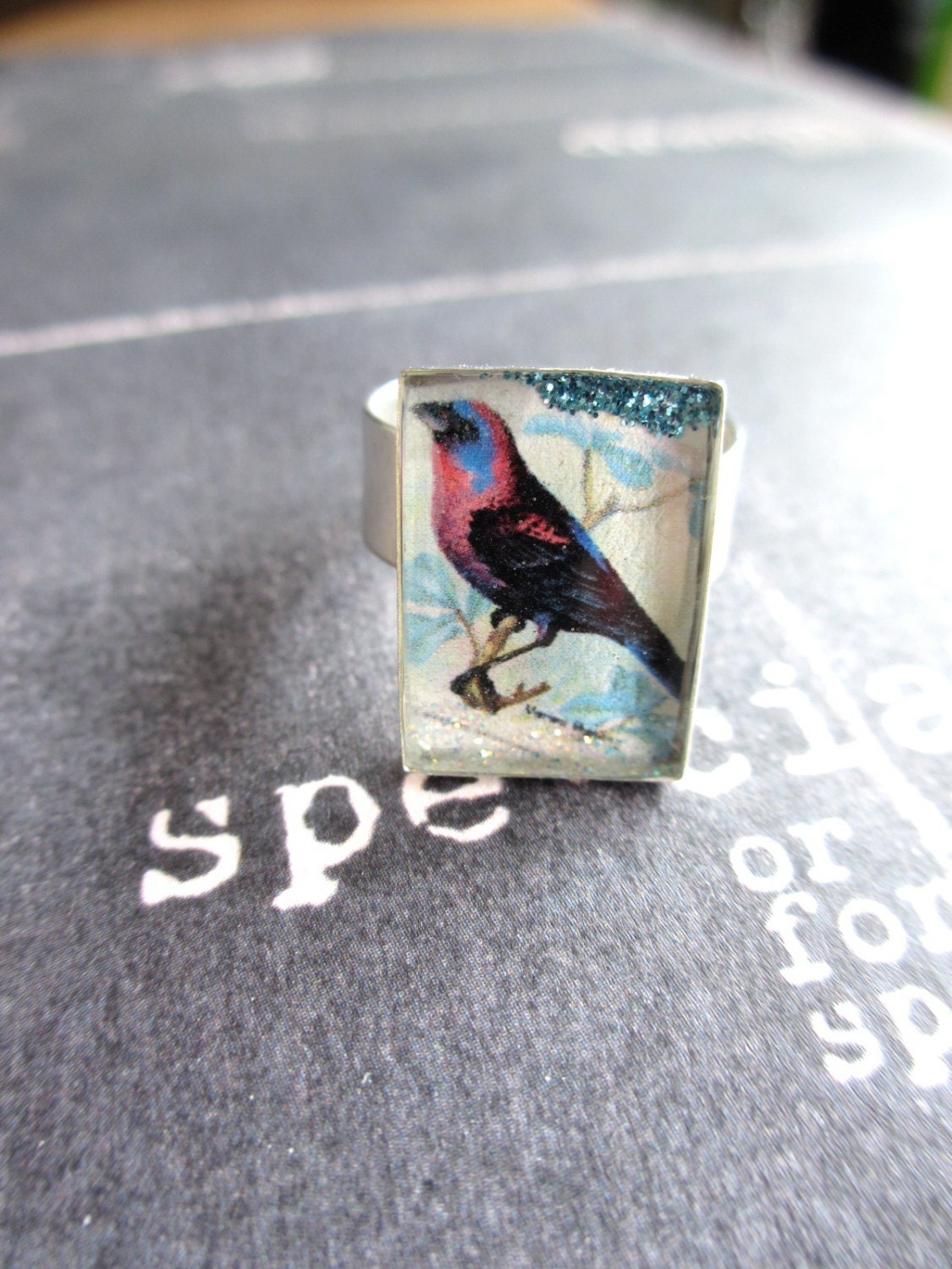 Vintage image of a colorful bird set under resin in adjustable ring. One of a kind collage