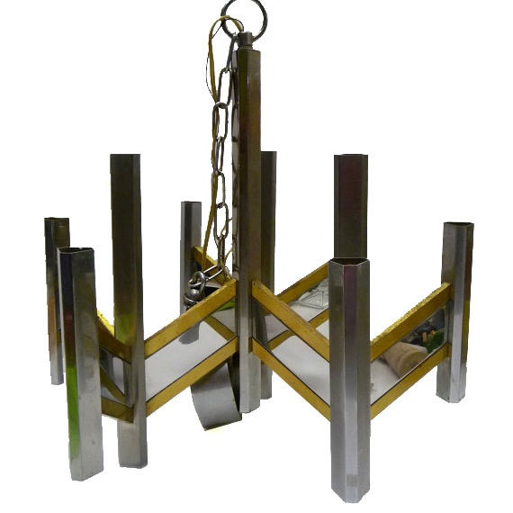 Mid Century Brutalist Sciolari Chandelier in Brass, Chrome and Mirror