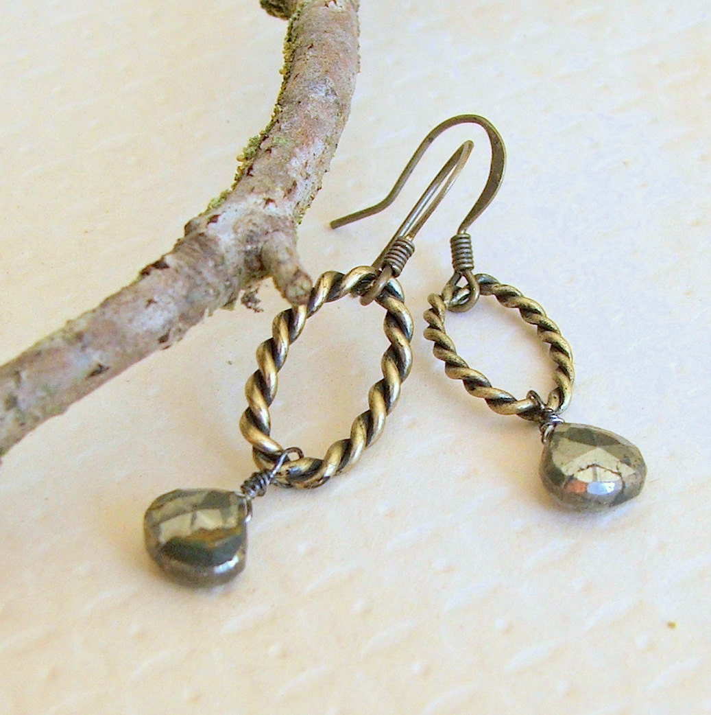 Metalic Pyrite Earrings, Hoop Everyday Gold Black Neutral Natural Earthy Antiqued Brass Briolette Teardrop