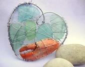Shades of Aqua Seaglass and Lobster Claw Heart Suncatcher Ornament