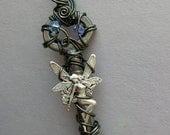 Fairy Key Pendant -- Silver Faery on Wire Wrapped Antique Key, Hematite Gray Wire, Pale Blue, Violet Crystals