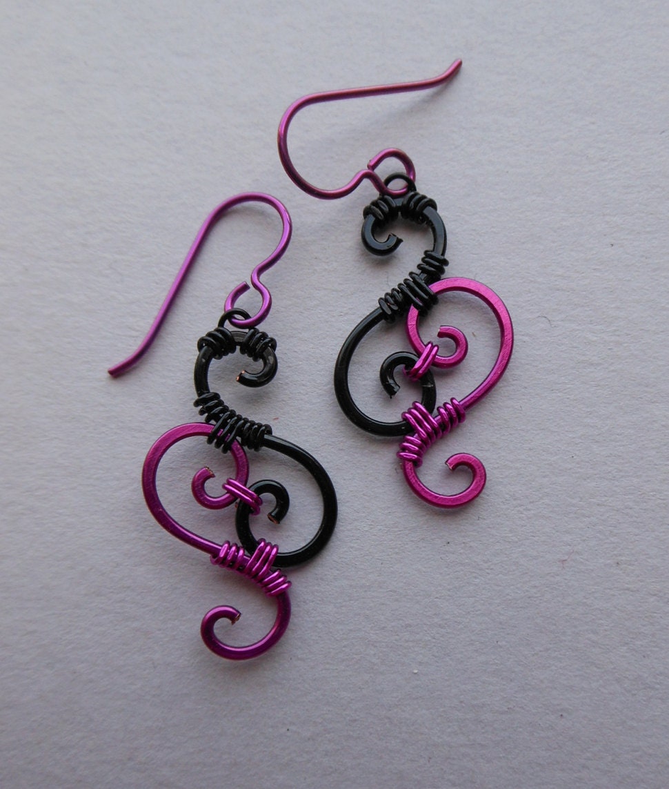 Wire Spiral Earrings -- Black and Pink Swirl Wire Wrapped Filigree Earrings, Pink Niobium Ear Wires