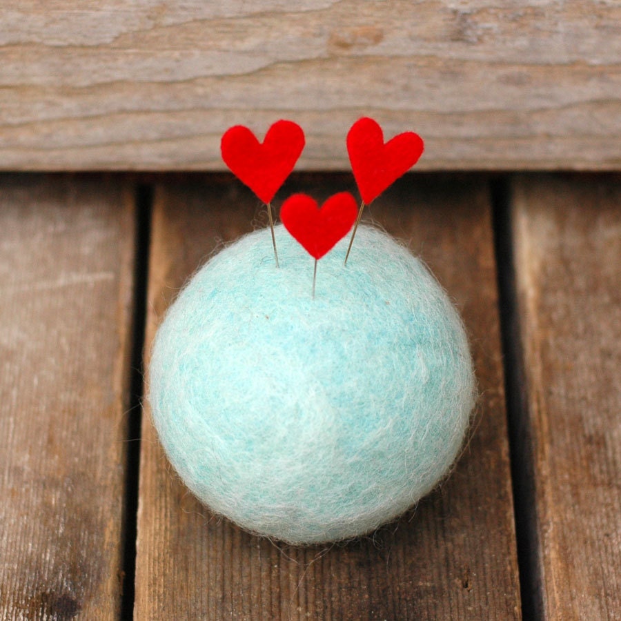 Trio of Hearts - Needle Felted Pincushion or Desk Decor