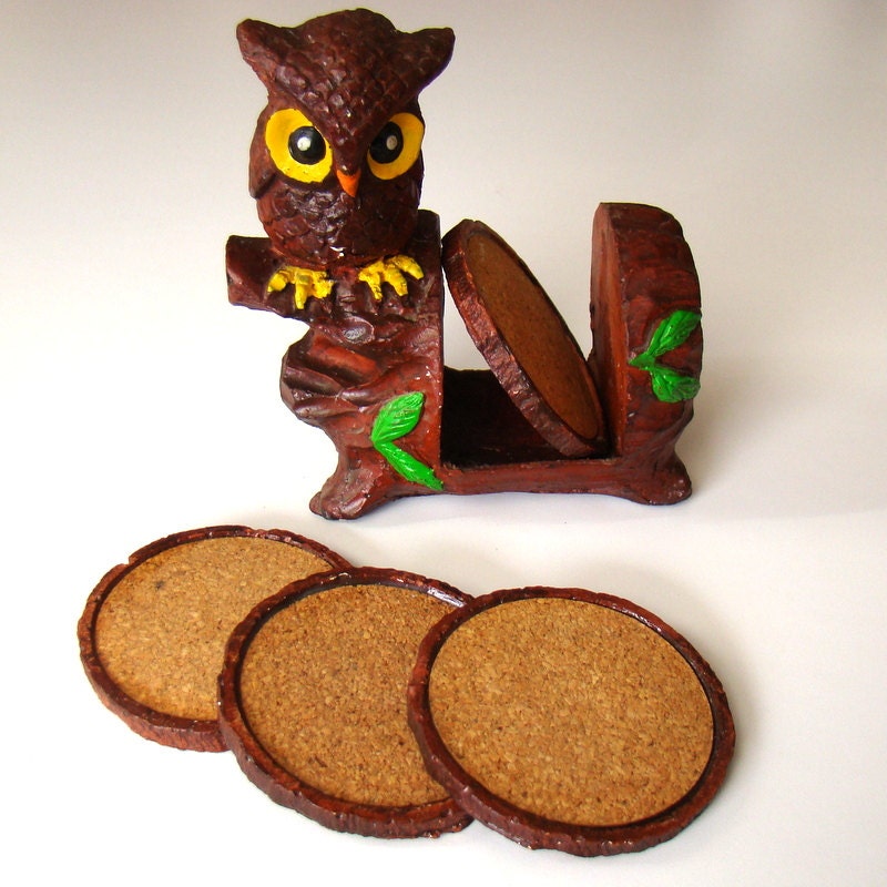 Vintage Perching Owl Coaster Set - Branch and Owl - 1970s