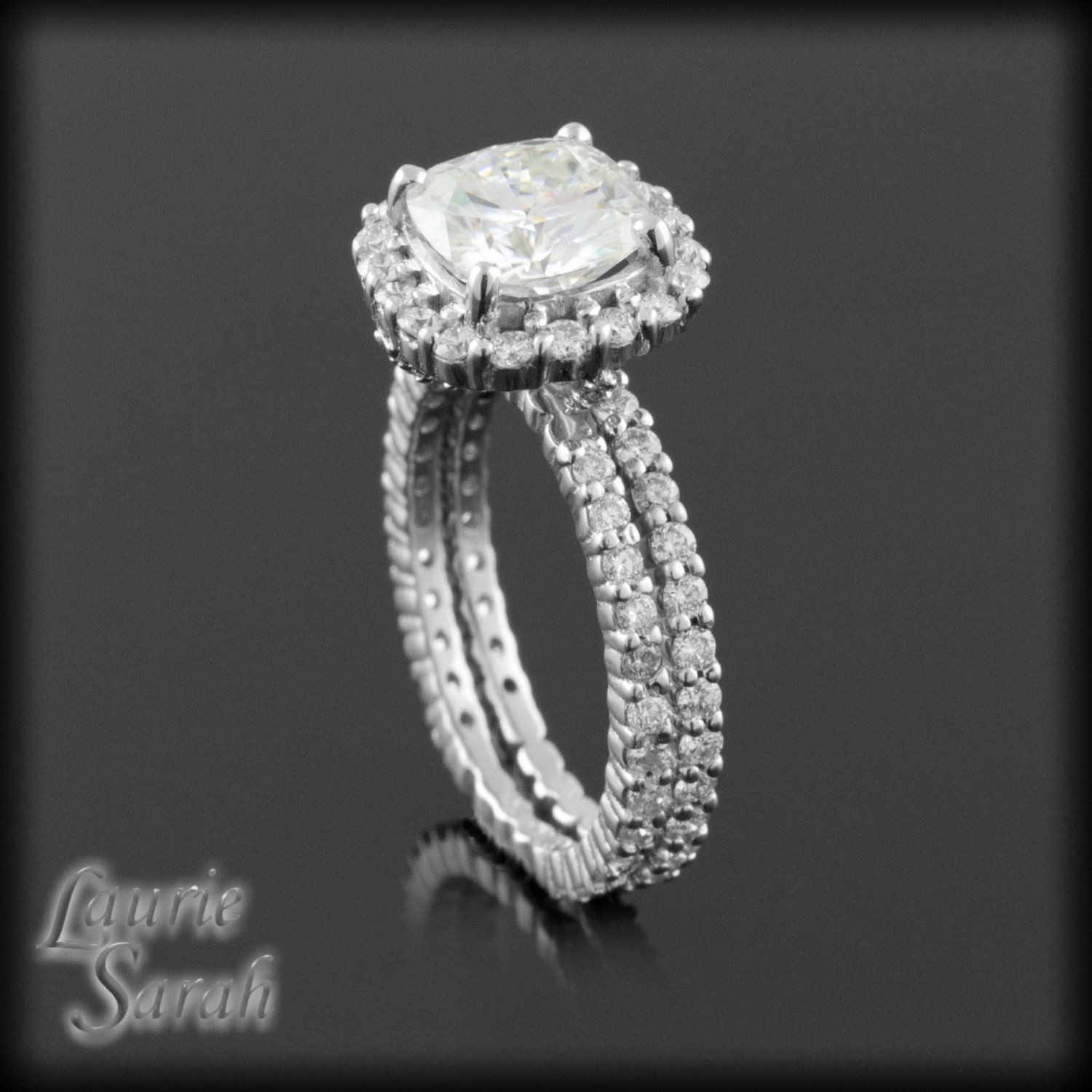 Moissanite and Diamond Engagement Ring with Matching Diamond Wedding Band - Diamond Alternative - LS1872