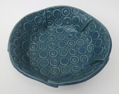 Small Teal Blue Green Deeply Textured Circle Handmade Ceramic Pottery Serving Bowl - Mod Print