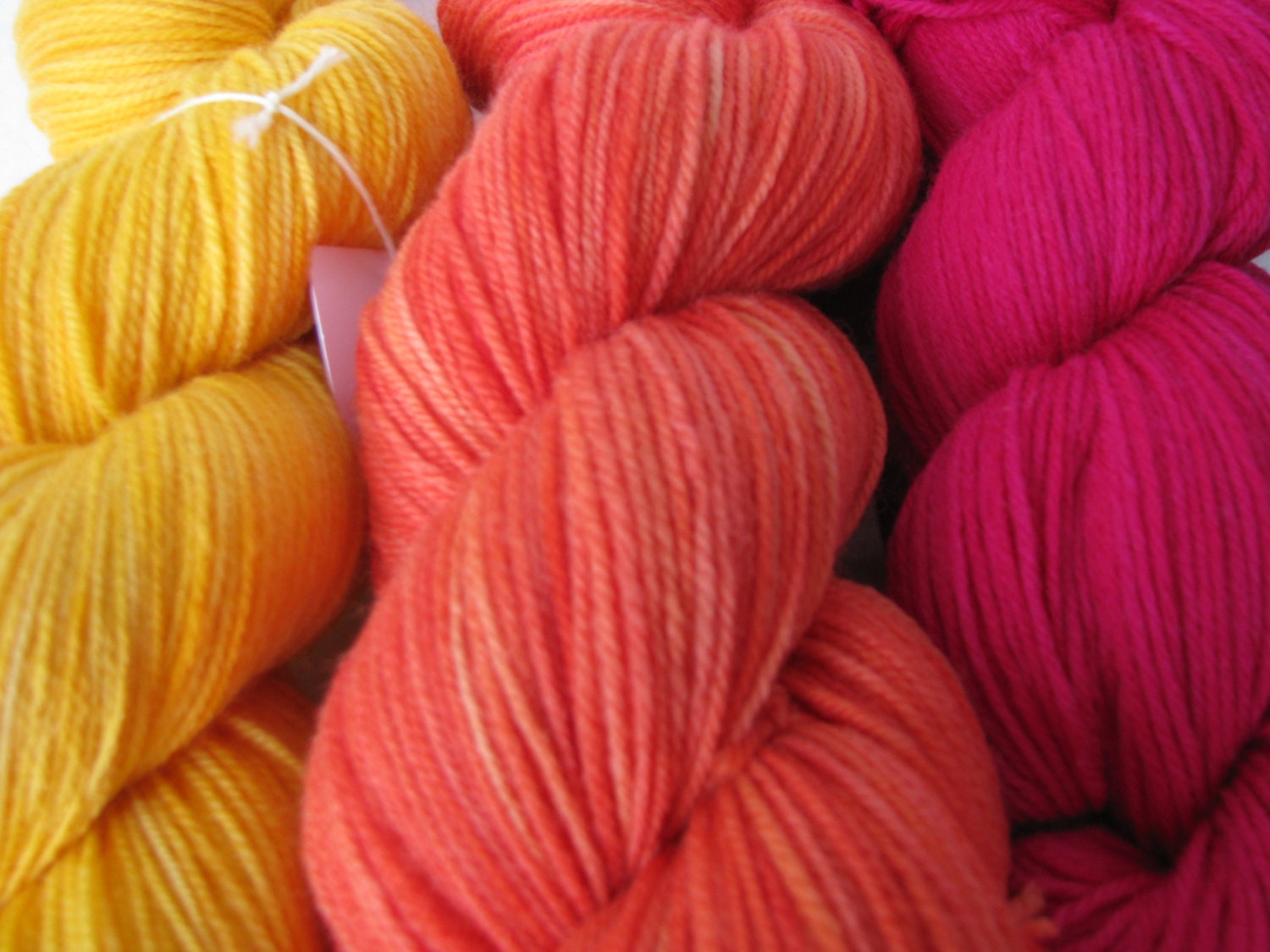 Shawl Triad Three Skeins Aerialist Sock Yarn  Merino Superwash Colors: Marigold, Poppy and Fuschia