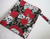 Skulls & Roses Wet Bag With Snap Handle and Zipper Closure 9x11.5
