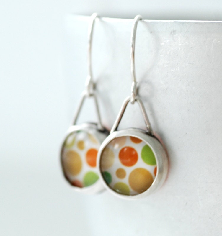 Mod Earrings, Retro Earrings, Polka Dot Earrings, Silver Earrings, Bezel Earrings, Orange, Green, Gold, 1970's, Wild Woman Jewelry