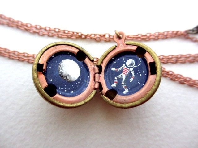 Astronaut Necklace, Hidden Galaxy, Full Moon and Stars Painted in a Tiny Locket, Outer Space Locket