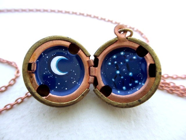 Gemini Locket - Personalized Jewelry - Moon and Constellation in Outer Space