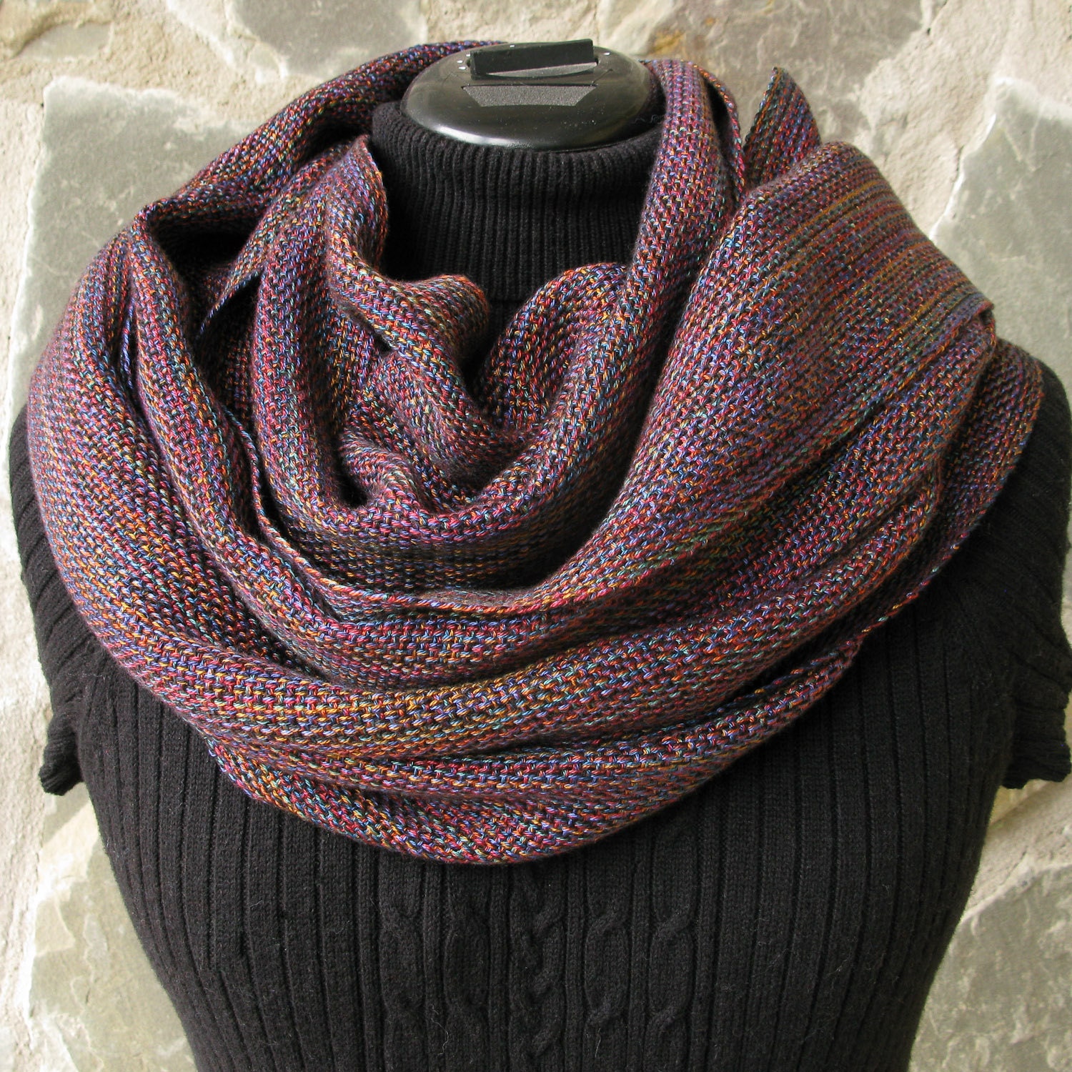 HandWoven Scarf, Shawl of Many Colors, Black Blue Red Purple Gold Teal, Tencel Hand Woven Scarf