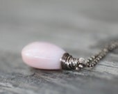 Large Pink Opal Pendant. Wire Wrapped Oxidized Sterling Silver and Ball Chain. Rustic and Feminine. Meditation and Healing Stone