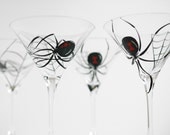Black Widow Spider Martini Glasses -- Set of 4 Hand Painted Halloween Glasses