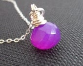 Purple Chalcedony and Sterling Silver Necklace - Onion Kiss Briolette, Solitaire, Wire Wrapped, Below 20 Dollars Gift
