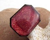Red and Gold Ring - Antiqued Brass - Crimson with Gold Glitter Geometric Ring