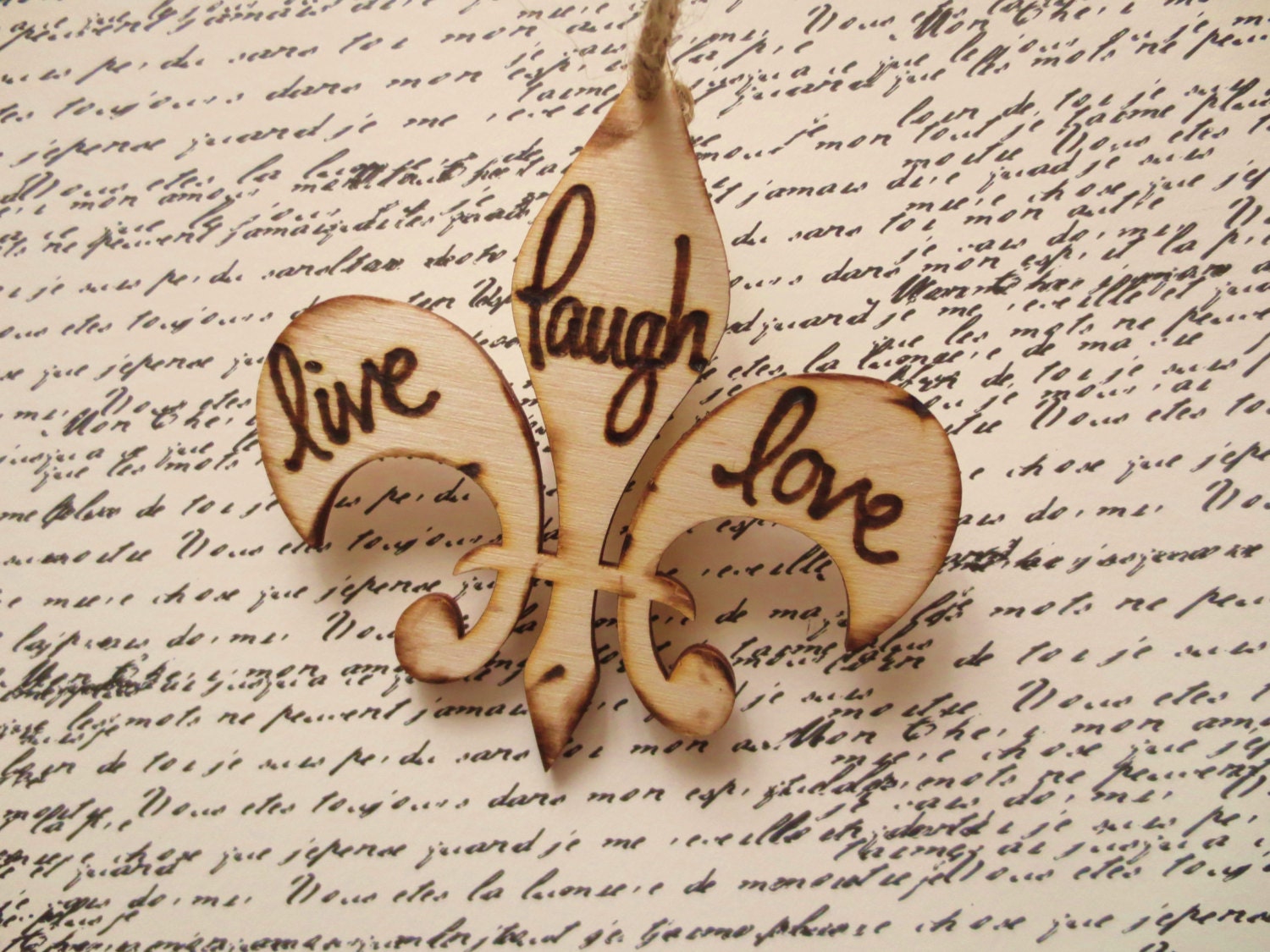 Decorative Wood Sign Tag Fleur de Lis Paris themed Distressed Live Laugh Love