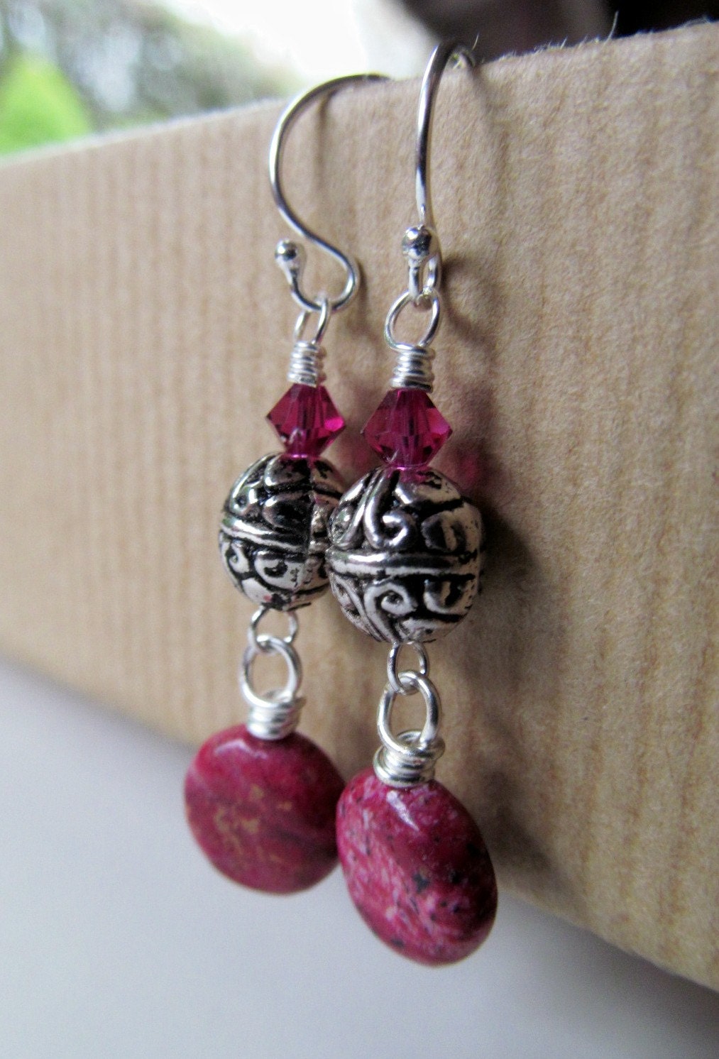 Pink Crazy Lace and Swarovski Crystal Beaded Sterling Silver Earrings