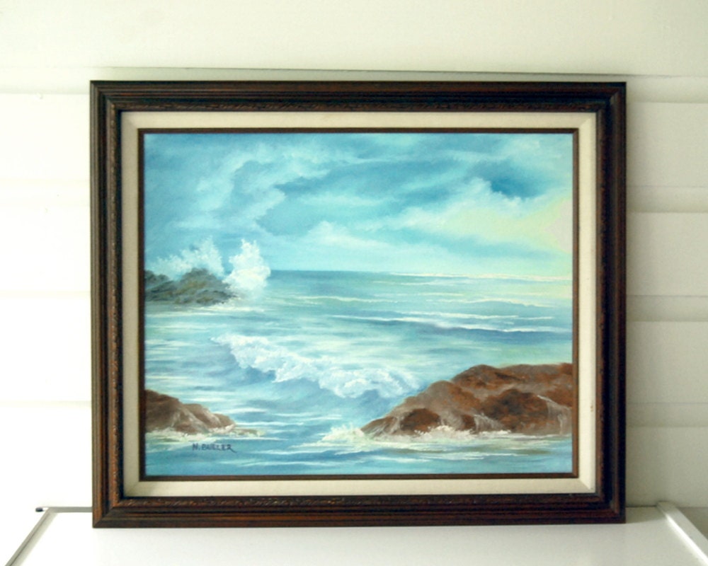 1970s Oil Painting Vintage Art Blue Sea Ocean Landscape Wood Framed Wall Hanging