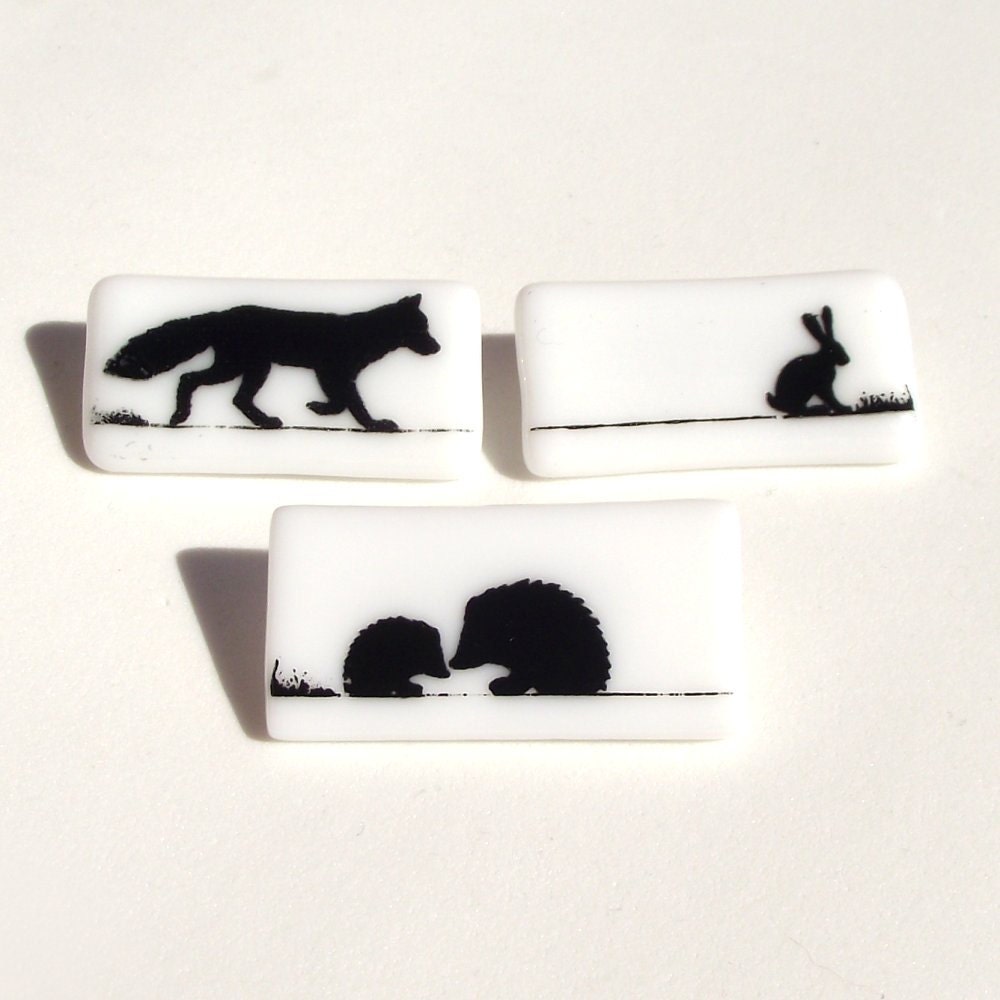 Glass Animal Brooch Fox Hare Hedgehog White Fused Black Enamel