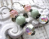 3 Tier Earrings Beads Pastel Pink Mint Clear Marble Crackle Glass Rhinestones Antiqued Brass Black Stones