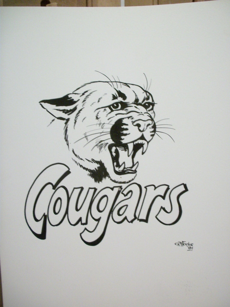 Cougars  Original Pen and Ink Drawing  Vintage Spirit Poster Design  Art for T-Shirts