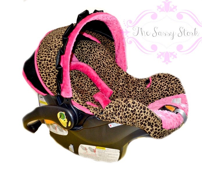 Cheetah and hot pink infant car seat cover with headrest and strap covers made to order for your infant car seat