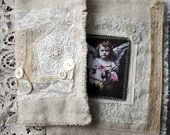 FAITH and ANGELS Altered Fabric Collage Book with vintage laces embellishments and beautiful rosary