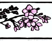 MATTED Cherry Blossoms, Pink, Black,and White Woodblock Print