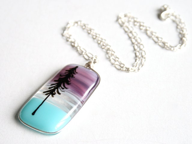 Fused Glass Pendant with Hand Painted Sitka Tree Silhouette - 18" Necklace Pink & Aqua
