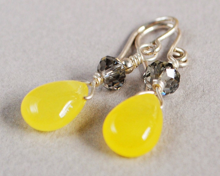 Lemon Drops Jade, Crystal and Sterling Earrings - Yellow Jade Briolette Earrings - Yellow Earrings - Happy Shack Designs - happyshackdesigns