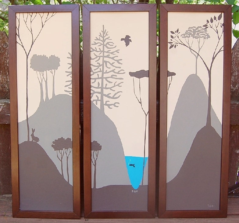 Original Framed Tree Bird Fish Rabbit Triptych Painting - Lake and Woods - Butter Yellow, Taupe, Brown, Turquoise Blue