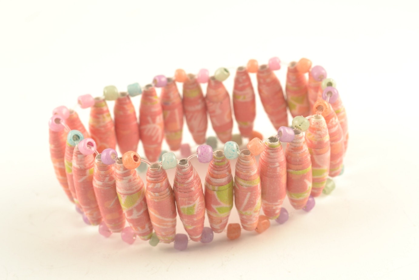 Pink Multi Coloured Paper Bead Stretchy Bracelet UPCYCLED Recycled
