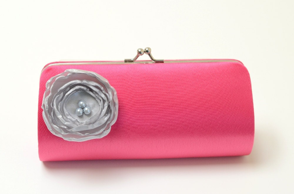 Bridal Clutch Bridesmaid Clutch - Fuchsia Pink Clutch with a Petite Silver Flower Bloom - Bridesmaid Gift
