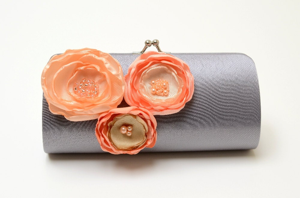 Gray Grey Clutch with Peach Apricot & Champagne Flowers - Bridal Clutch - Bridesmaid Clutch - Petite Shabby Chic Bouquet Clutch