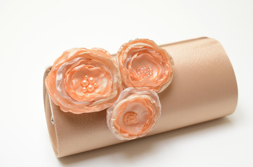 Dark Champagne Latte Clutch  Bridal Clutch Bridesmaid Clutch - Peach & Champagne Flowers - Petite Shabby Chic Bouquet Clutch