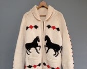 Vintage 1950's  Horse Cowichan Sweater / Wool Cardigan