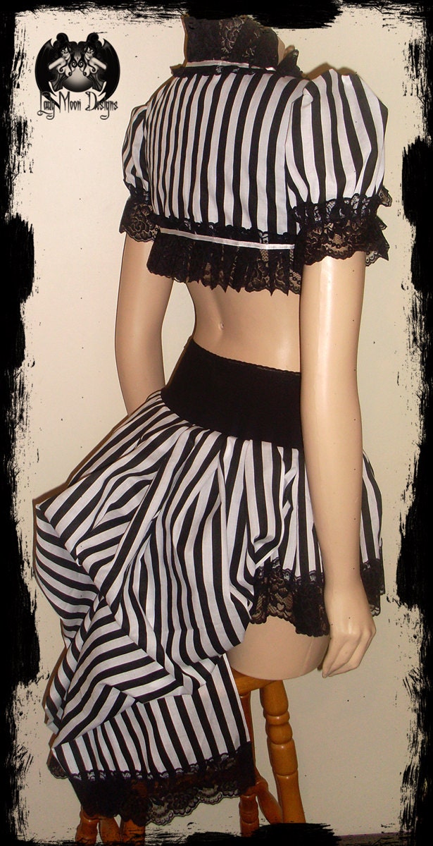 SALE Black and White Stripe Gathered Mini  Skirt with Attached Bustle Size Medium