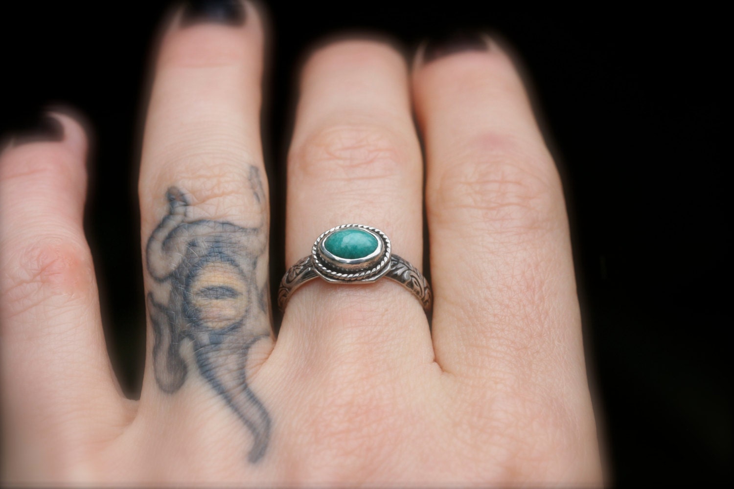 Amazonite sterling silver etched floral ring