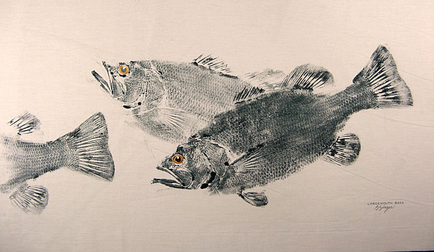 Largemouth Bass original Fish Art Rubbing GYOTAKU on Natural Muslin Cloth