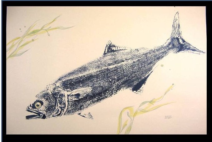 Vicious 33 inch Bluefish Art ORIGINAL fish rubbing GYOTAKU on heavy Tan stock