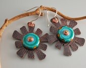 Green Lampwork Disks with Copper Flower Earrings