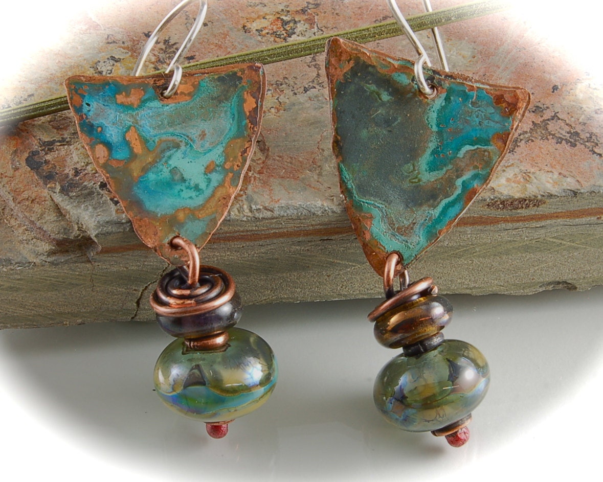 SOLD Verdigris Copper and Lampwork Glass Earrings