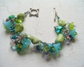 Dangle Charm Cha Cha Wire Wrapped  Braclet in Blue and Green with Swarovski Crystals Hearts Flowers Sterling Silver