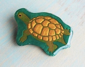 Turtle Brooch Pin Olive Gold Green Terrapin Tortoise Pinback Woodland Fauna 1997