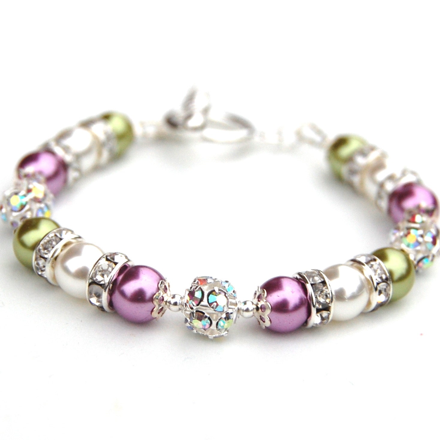 Bridesmaid Jewelry, Lime Green, White and Purple Pearl Rhinestone Bracelet, Spring Wedding Party