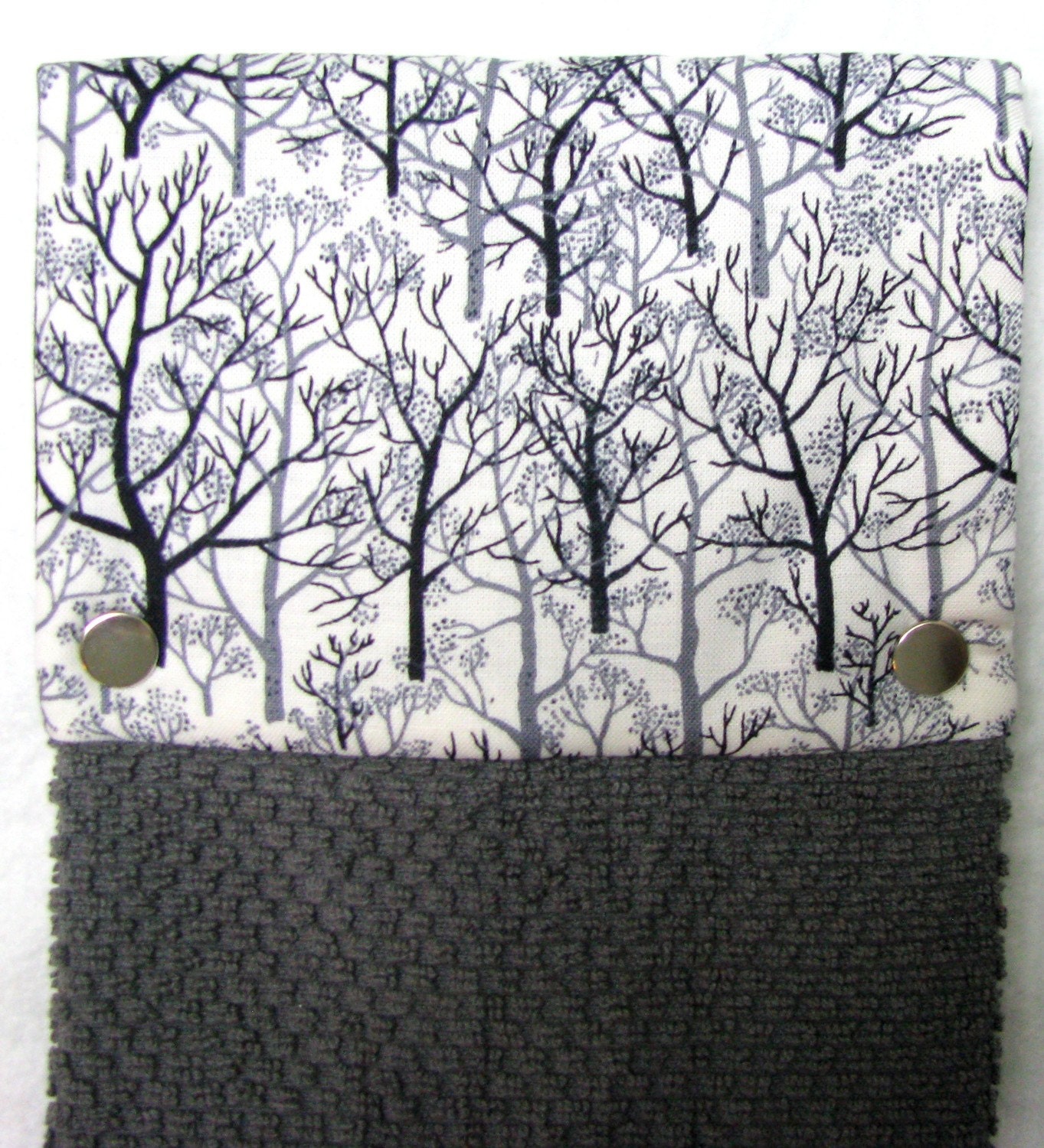 Kitchen towel, bar towel, oven, snap top towel, guest towel, gorgeous trees on charcoal towel