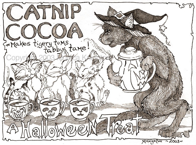 Black Cat, Catnip Cocoa, Halloween spooky art print