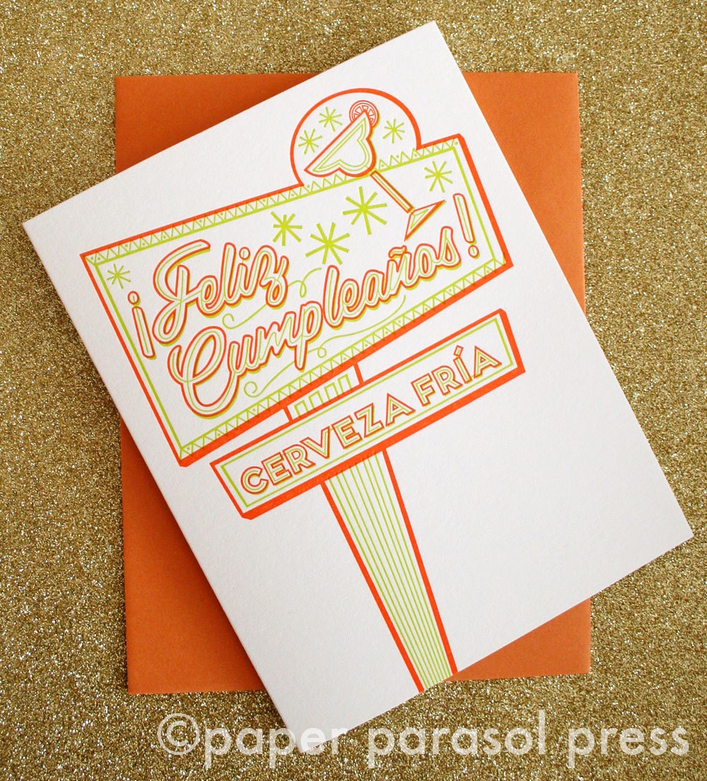 Feliz Cumpleaños Retro Neon Sign Letterpress  Card